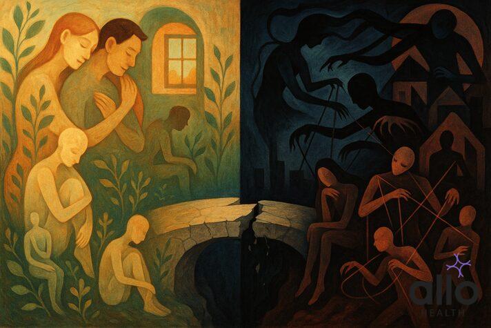 Powerful visual metaphor illustrating the complex dynamics between supportive and toxic relationships, revealing psychological boundaries and emotional connections