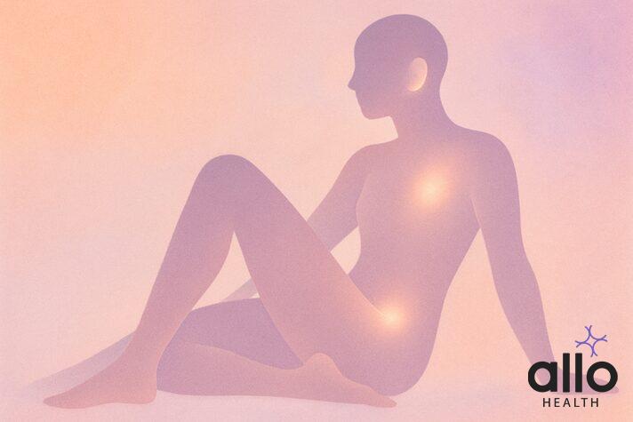 Abstract illustration highlighting various erogenous zones and sensitive areas of the body that can enhance pleasure during masturbation, including the neck, ears, thighs, and lower back.