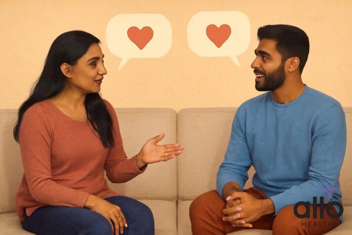 Couple discussing intimate preferences and boundaries, demonstrating how personal understanding enhances relationship communication and mutual satisfaction.