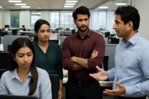 Four colleagues in an office environment, visibly uncomfortable after an inappropriate remark, showing various reactions like concern and discomfort.