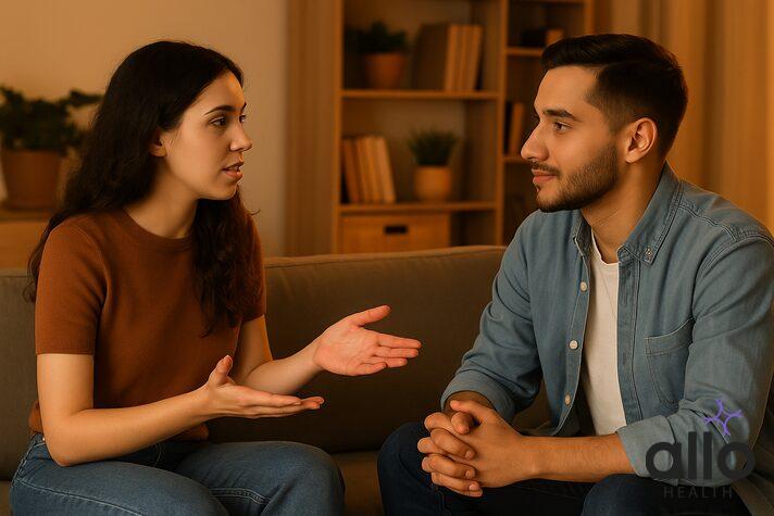 Couple engaged in open communication about relationship boundaries and trust, demonstrating healthy dialog techniques for discussing opposite-gender friendships.