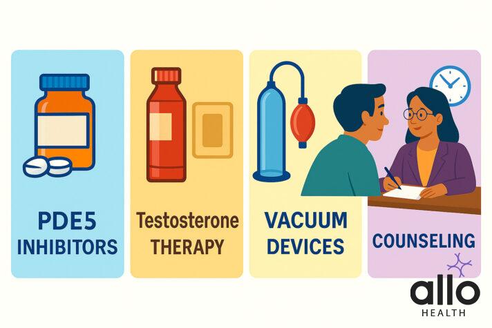 **Alt text for the image**:
*"Illustration of four ED treatments: PDE5 inhibitors, testosterone therapy, vacuum devices, and counseling, each represented with clear icons."*

