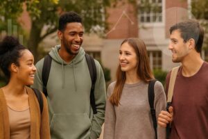 Diverse college students chatting warmly on campus with subtle research graphs in the background, symbolizing genuine connection and data-driven insights. 