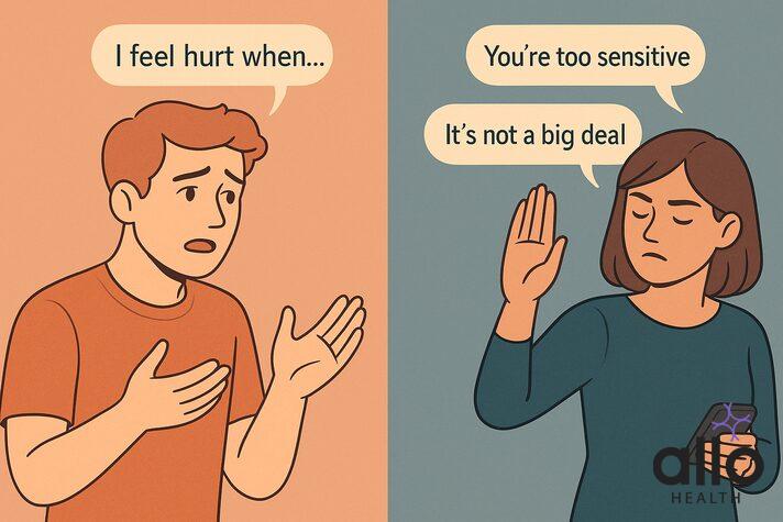 Visual representation of emotional invalidation in relationships showing how dismissive responses to expressed feelings create disconnection and emotional harm.