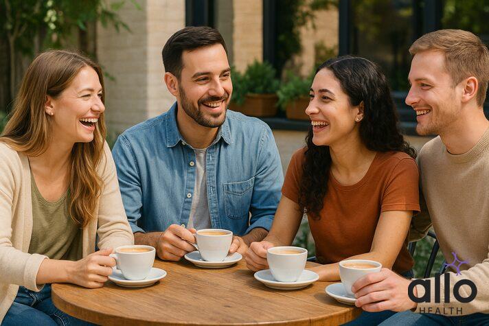 Two couples socializing together, showcasing healthy integration of opposite-gender friendships within committed relationships built on mutual trust and transparency.