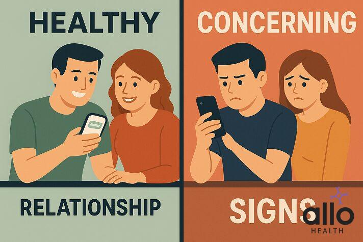 Side-by-side comparison of healthy transparency versus concerning secrecy in managing communications with opposite-gender friends while in a committed relationship.
