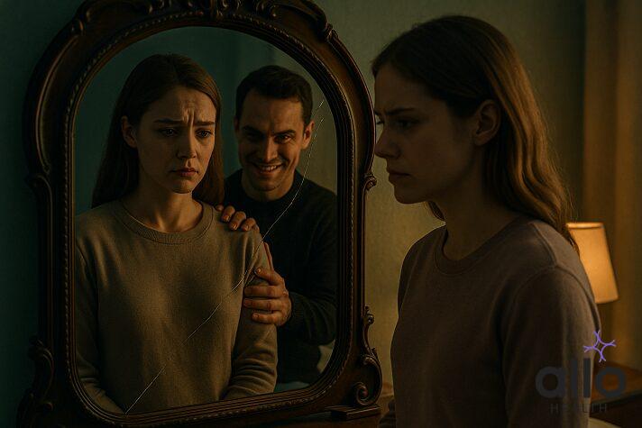 Woman facing her reflection with manipulative figure behind her, illustrating narcissistic abuse and emotional confusion victims experience.