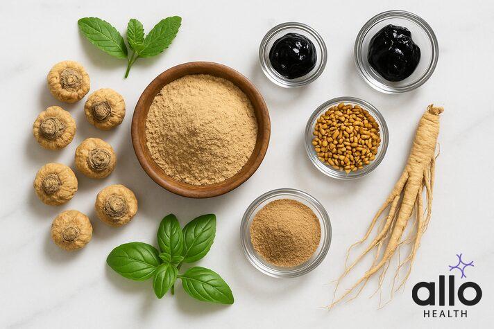 Natural herbal sex stamina booster supplements including ashwagandha, maca root, and fenugreek arranged on a marble surface for sexual wellness