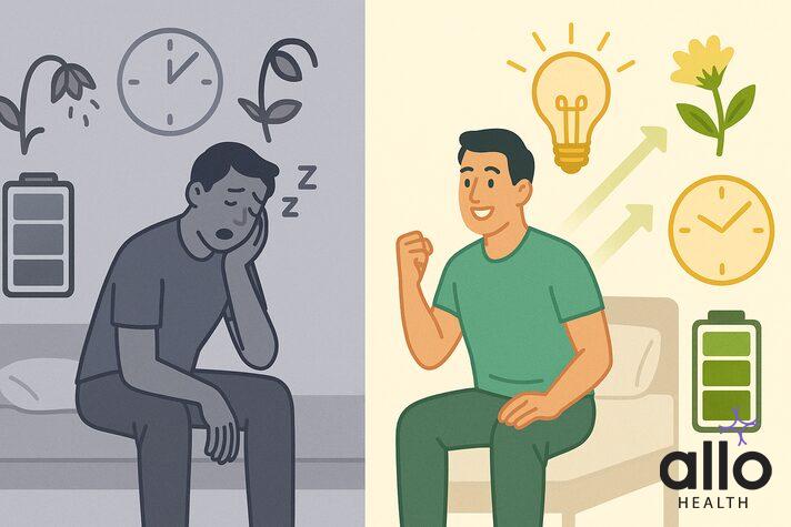 Before and after comparison showing transformation from low energy to improved vitality, illustrating sex stamina booster benefits and sexual wellness improvement