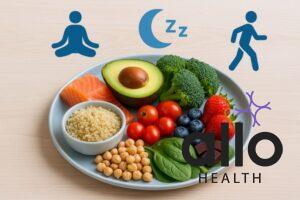 Balanced healthy plate with salmon, avocado, quinoa, chickpeas, spinach, tomatoes, berries, broccoli, and dark chocolate, surrounded by wellness icons for meditation, sleep, and exercise, representing overall lifestyle factors for sexual health and well-being