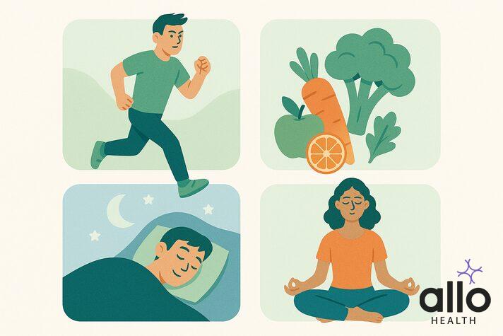 Lifestyle wellness illustration showing healthy habits including exercise, nutrition, sleep, and mindfulness practices that support overall health