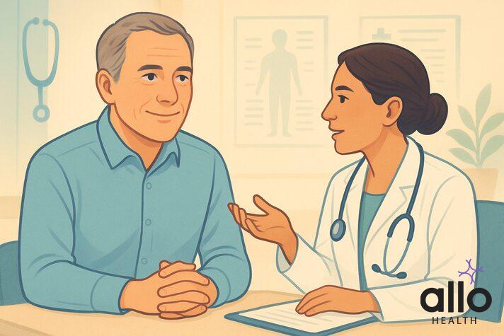A professional medical consultation scene showing a man speaking with a healthcare provider in a modern medical office, representing accessible treatment for sexual health concerns
