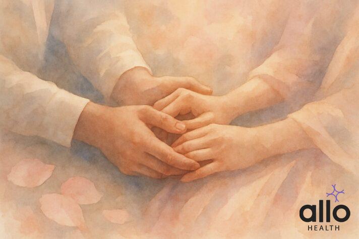 Gentle hands touching, representing the gradual building of emotional and physical intimacy to overcome unconsummated marriage