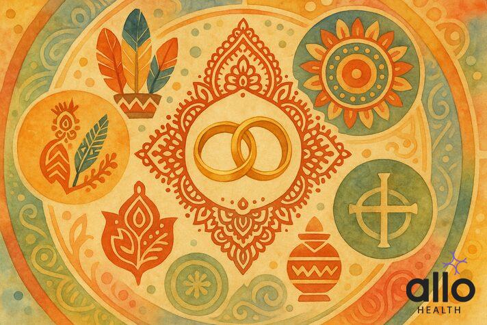 Cultural symbols representing the diverse backgrounds and traditions of couples who may experience unconsummated marriages