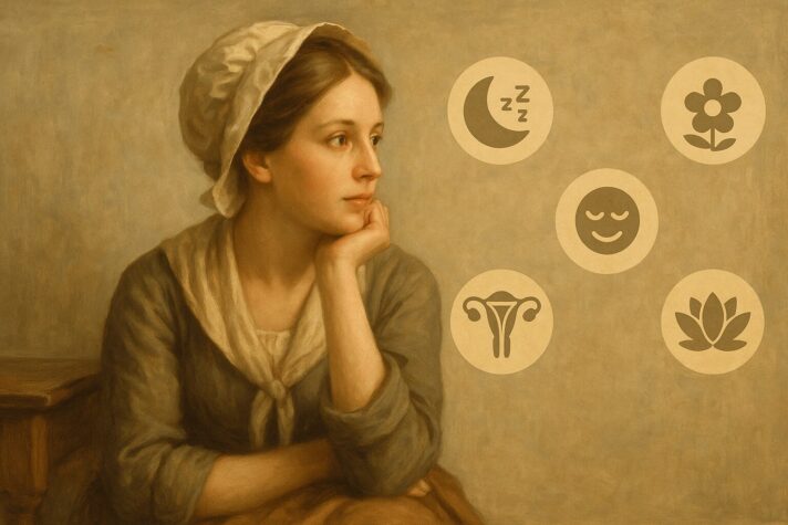 A calm, thoughtful woman in Old English attire looks toward floating icons representing benefits of masturbation, such as sleep, relaxation, and menstrual health. 
