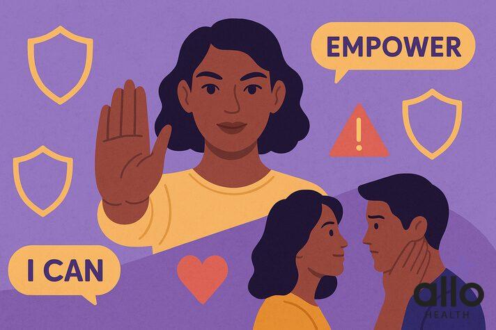 Empowering illustration demonstrating how to set clear boundaries against unwanted sexual advances