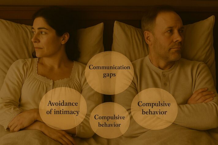 A couple lies in bed facing away from each other, with text bubbles between them reading: "Communication gaps," "Avoidance of intimacy," and "Compulsive behavior." 