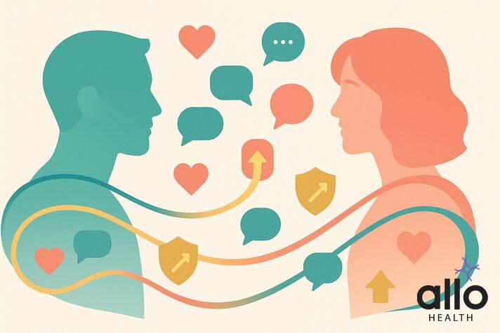 Sexual communication benefits illustration showing relationship connection and intimacy improvements