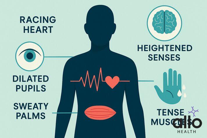 Fear arousal physiological responses diagram showing racing heart, dilated pupils, and nervous system activation in human body