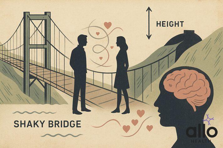 Fear and attraction suspension bridge study illustration showing how fear can cause arousal and misattribution