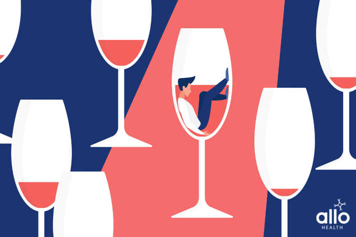 Alcohol addiction concept vector illustration. Cartoon man addict drinker character sitting in glass for red wine drink, alcoholism metaphor and hangover illness, social bad habit problem background The Best Red Wines For Erectile Dysfunction