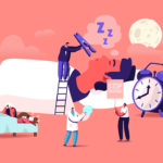 Tiny Characters Sleeping in Bed and Suffering of Snoring, Angry Awake Man Listening Night Snoring of Wife, Sleep Apnea Syndrome, Medical Treatment.