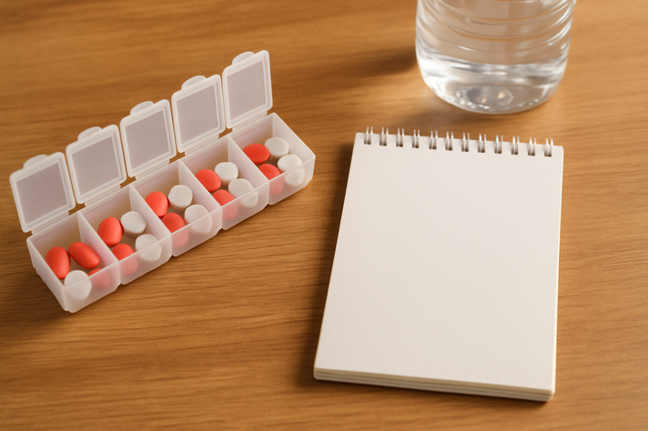  Close-up of a pill organizer containing NSAIDs , placed beside a blank notepad and a water bottle on a wooden surface. 