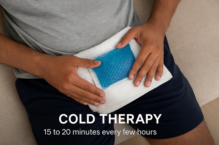 Man applying cold therapy for testicular pain relief