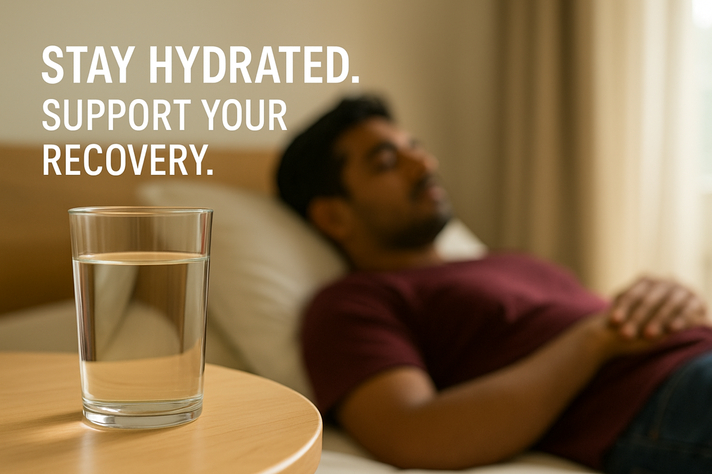 Glass of water on a bedside table with an Indian man resting in the background and text urging hydration for recovery.