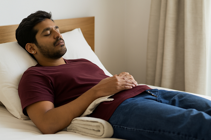Indian man lying on a bed with a towel placed under his groin for elevation, showing a calm, resting posture.