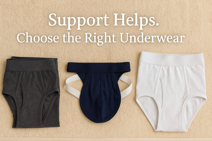 Flat lay of three types of men's underwear on a towel with text encouraging supportive wear.