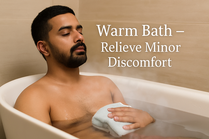 Indian man relaxing in a steamy bathtub with eyes closed, promoting relief from minor discomfort.