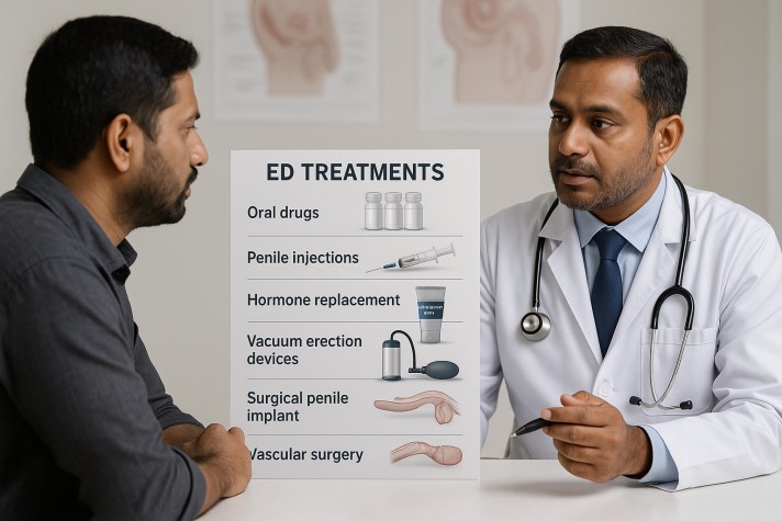 An Indian doctor explains erectile dysfunction (ED) treatments to a male patient using a clinical chart that lists oral drugs, penile injections, hormone replacement, vacuum erection devices, surgical penile implants, and vascular surgery, with corresponding medical illustrations. 