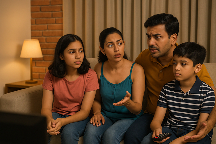 Sexual Innuendo Meaning 3 An Indian family of four—father, mother, daughter, and son—sits on a living room sofa having a serious discussion while watching television, highlighting responsible media consumption and family media literacy.