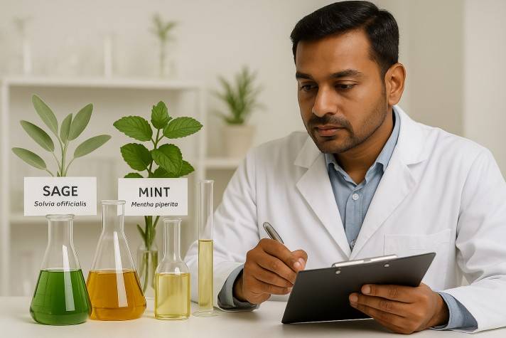  An Indian male scientist in a white lab coat examines notes on a clipboard while sitting at a lab table with test tubes containing herbal extracts and labeled medicinal plants like sage and mint — representing scientific research into plantation Erectile dysfunction and natural remedies. 