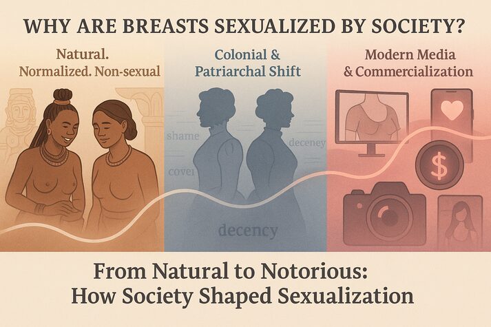 “Infographic showing the cultural evolution of breast perception — from natural and normalized in early societies, to restricted during colonial and patriarchal times, to sexualized and commercialized in modern media. Illustrates the shift from natural to notorious.”