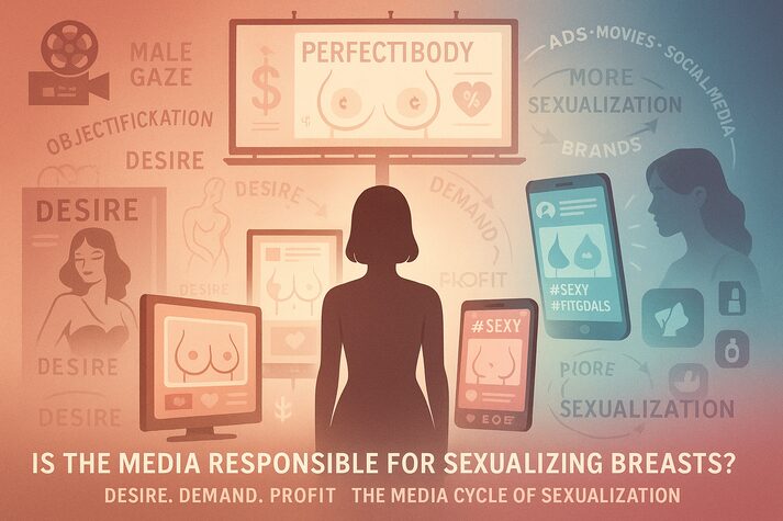 “Infographic showing the media cycle of sexualization — with images of screens, billboards, and social media portraying idealized female bodies. Illustrates how desire drives demand, profit, and more sexualized content through the male gaze.”
