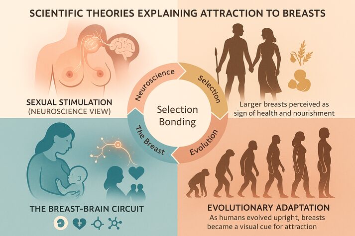 “Infographic showing four scientific theories explaining attraction to breasts — sexual stimulation activating brain bonding centers, sexual selection linking breast size to health, the breast-brain circuit connecting maternal and romantic bonding, and evolutionary adaptation as humans evolved upright. Central circle connects concepts of neuroscience, selection, bonding, and evolution.”