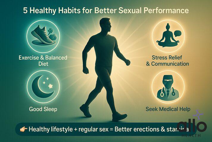 Infographic on can too much sex cause erectile dysfunction, highlighting five healthy habits — exercise, stress management, avoiding smoking and alcohol, good sleep, and seeking medical help.