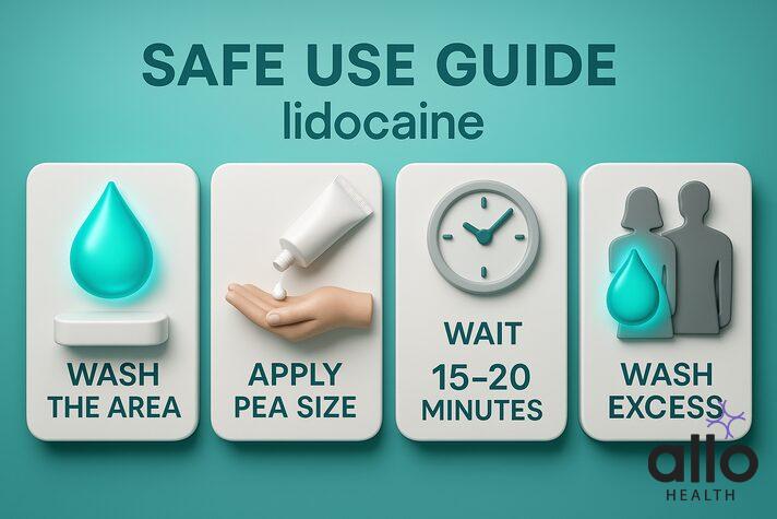 Step-by-step 3D guide showing safe use of lidocaine cream on penis, clarifying precautions for erectile dysfunction and premature ejaculation.