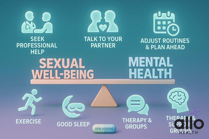how you can balance sexual well being and mental health on venlafaxine treatment which includes seeking professional help, talking to partner, adjusting routine, getting good sleep, exercise, therapy and support groups