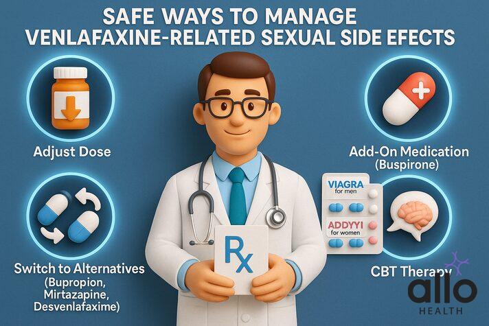 how your doctor can help manage sexual side effects caused by venlafaxine which includes adjusting dose, adding other medication to improve sexual function like buspirone, switching to alternative drugs like bupropion, using medication that helps improve sex drive like viagra for men and addyi for women, undergoing CBT therapy