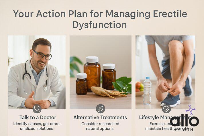  3-panel infographic titled “Your Action Plan for Managing Erectile Dysfunction,” showing a doctor consultation, herbal supplements, and a man tying running shoes, visually representing steps beyond aloe vera use for erectile dysfunction. 