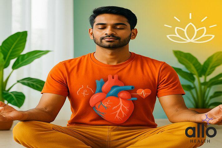 Man practicing yoga meditation in a bright, green environment, surrounded by plants and sunlight, symbolizing stress relief and mental wellness. Key lifestyle changes that can help improve erectile function and sexual health.