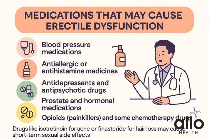 Infographic of a doctor explaining medications that may cause temporary erectile dysfunction, including common drugs and short-term side effect medicines like isotretinoin and finasteride.