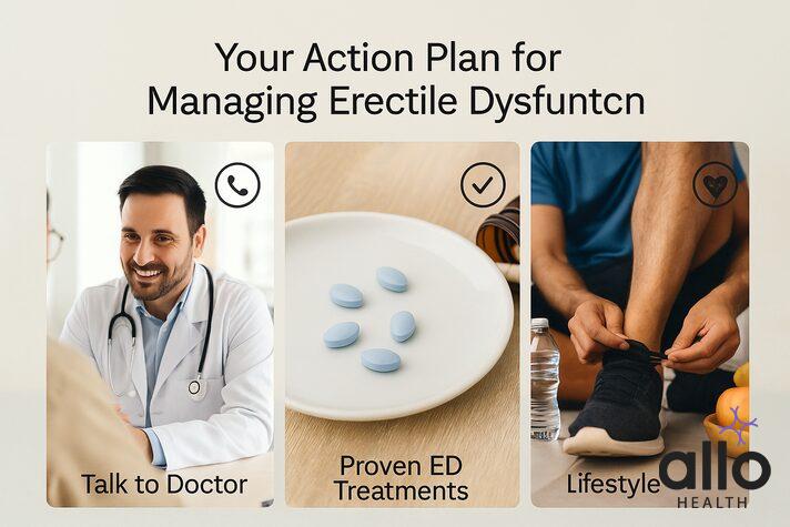 Aloe Vera for Erectile Dysfunction: Benefits, Application & Risks 6 Three-panel image showing a doctor consult, blue ED pills, and healthy lifestyle habits, illustrating aloe vera use for erectile dysfunction context.