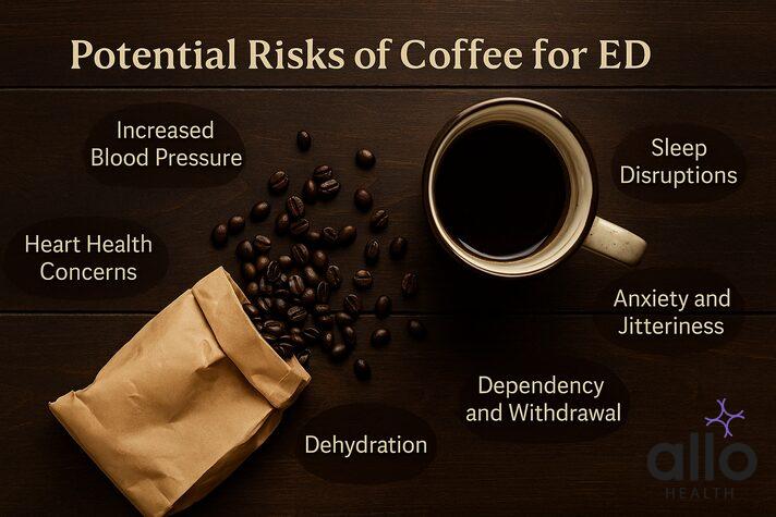 "Informative image showing the potential risks of coffee and erectile dysfunction, with a coffee mug and scattered beans labeled with side effects like increased blood pressure, sleep disruptions, anxiety, dehydration, and dependency.