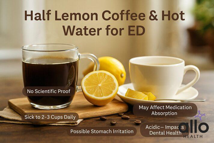 Glass mug of coffee with half a lemon and cup of hot water on a wooden table, showing key points about half lemon coffee and erectile dysfunction, including no scientific proof, 2–3 cup limit, possible stomach irritation, medication absorption issues, and dental health impact.