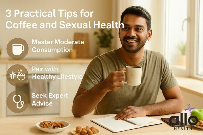 n man sitting at a kitchen table holding a coffee mug, with overlay text showing 3 practical tips for coffee and erectile dysfunction: master moderate consumption, pair with healthy lifestyle, and seek expert advice
