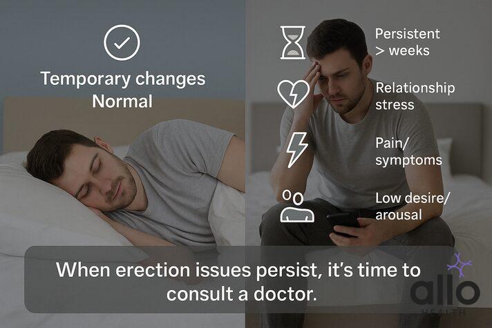 : Infographic showing when to worry about erectile dysfunction, clarifying that while people ask can too much sex cause erectile dysfunction, real red flags include persistent erection problems, pain, low desire, and relationship stress.
